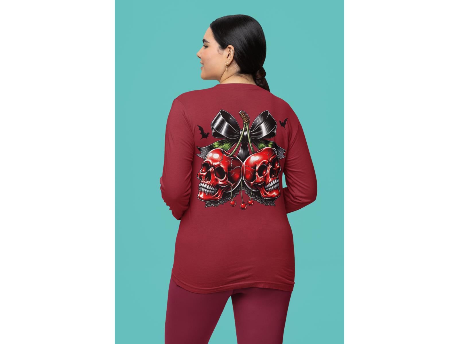 A woman from behind wears a red long-sleeve shirt with a spooky cherry Halloween bow design.