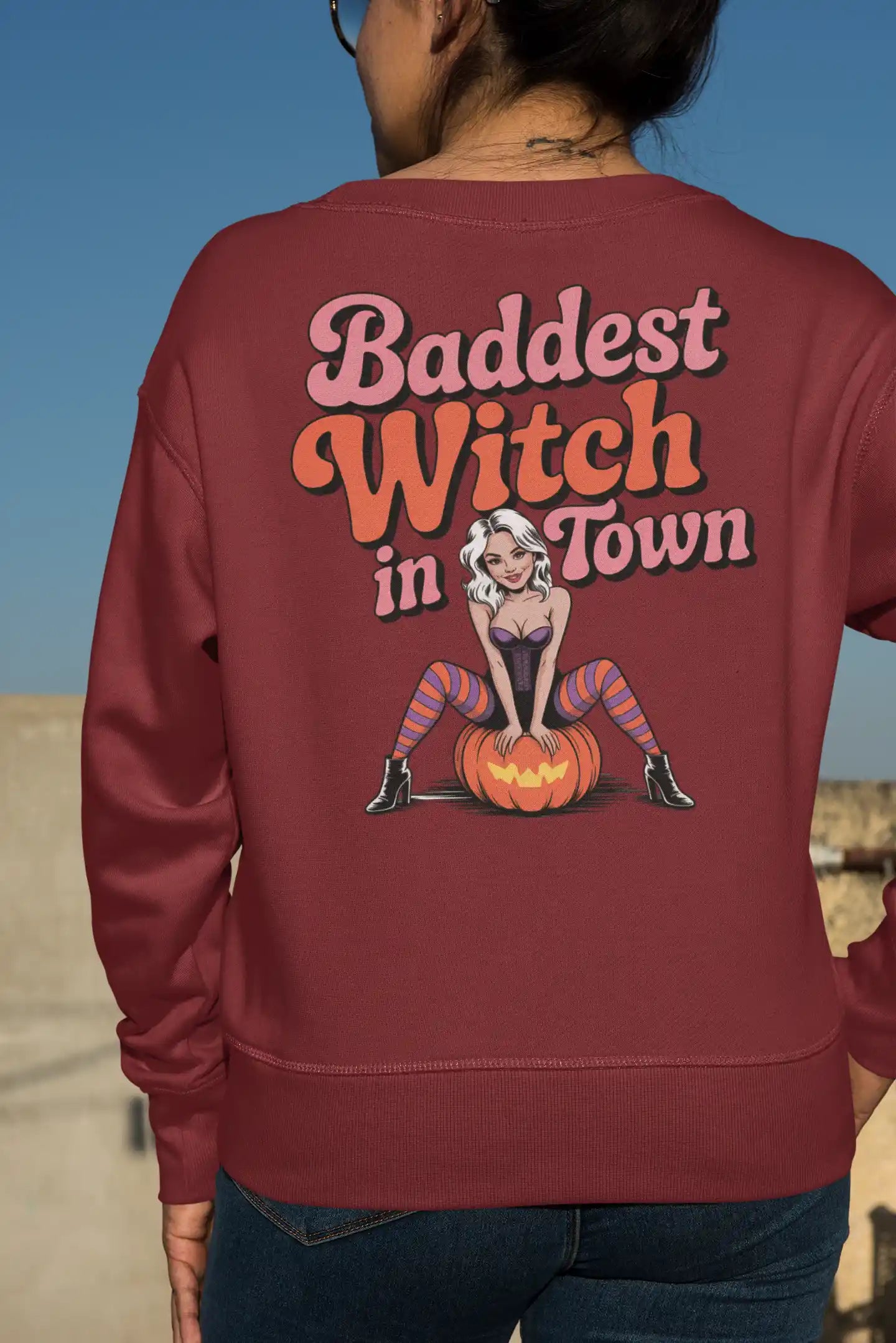 Baddest Witch in Town Retro Halloween Bella+Canvas 3501 Sweatshirt – Spooky Cute Fall Outfit