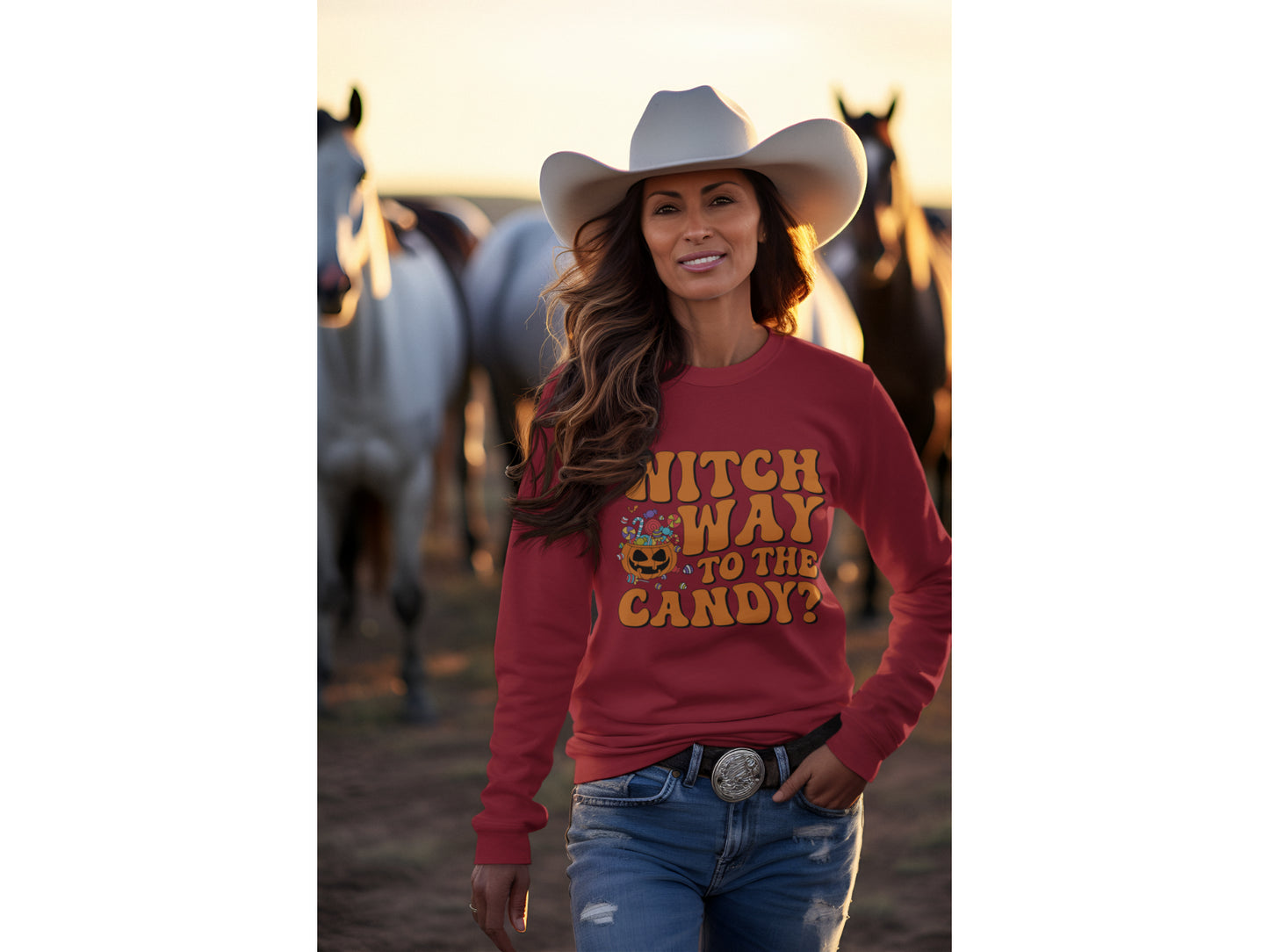 Witch Way to the Candy Halloween Sweatshirt – Bella+Canvas 3501 Unisex Pullover – Spooky Funny Fall Sweater (S–3XL, Multiple Colors)