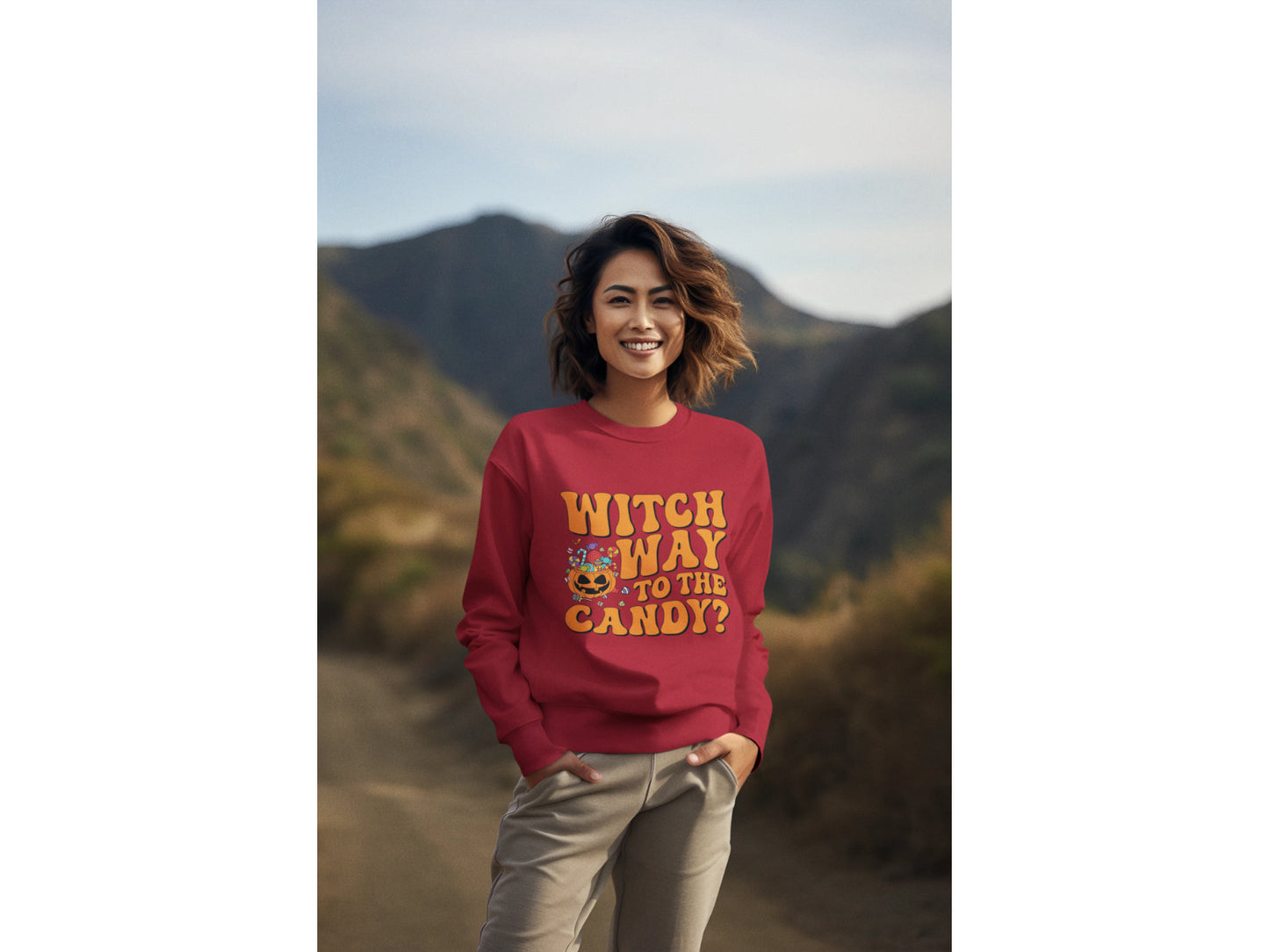 Witch Way to the Candy Halloween Sweatshirt – Bella+Canvas 3501 Unisex Pullover – Spooky Funny Fall Sweater (S–3XL, Multiple Colors)