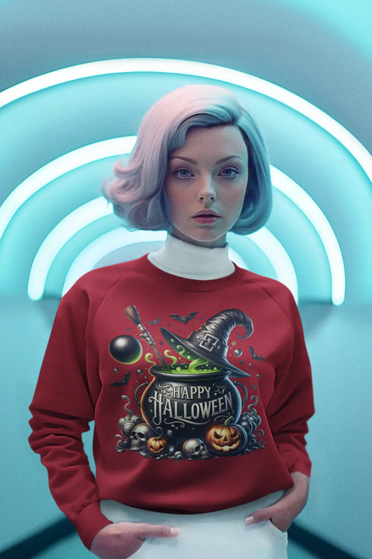 A woman wears a red sweatshirt with a "Happy Halloween" cauldron design.