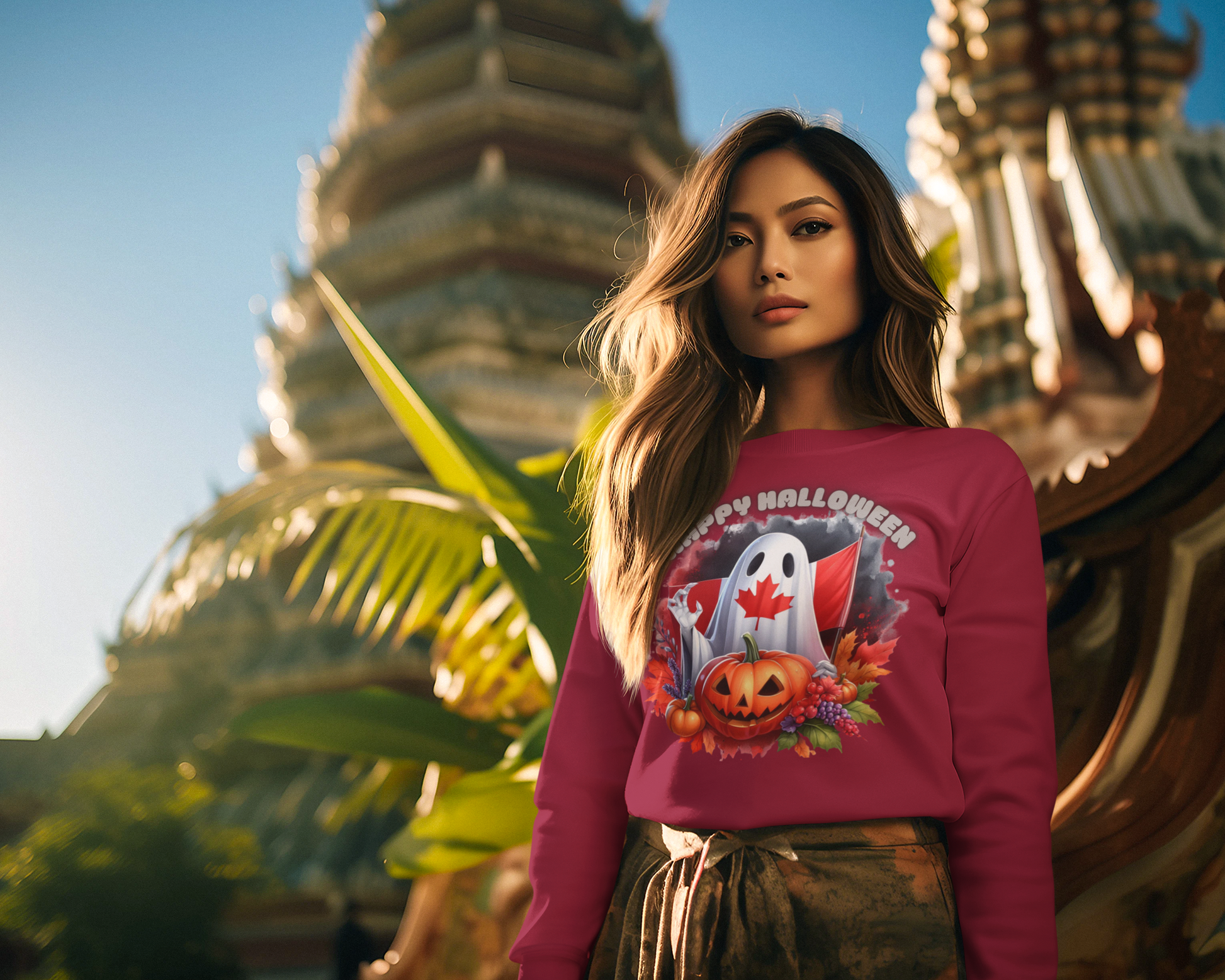 A woman wears a red long-sleeve sweatshirt with a Canadian Halloween ghost and pumpkin design.