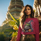 A woman wears a red long-sleeve sweatshirt with a Halloween cauldron design.