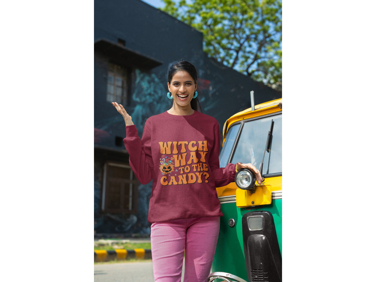 Witch Way to the Candy Halloween Sweatshirt – Bella+Canvas 3501 Unisex Pullover – Spooky Funny Fall Sweater (S–3XL, Multiple Colors)