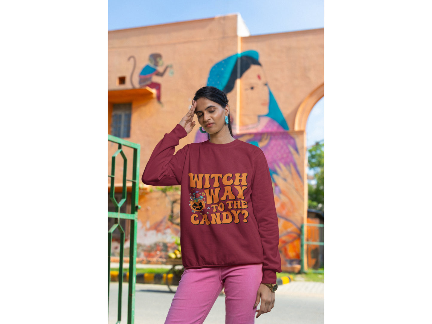 Witch Way to the Candy Halloween Sweatshirt – Bella+Canvas 3501 Unisex Pullover – Spooky Funny Fall Sweater (S–3XL, Multiple Colors)