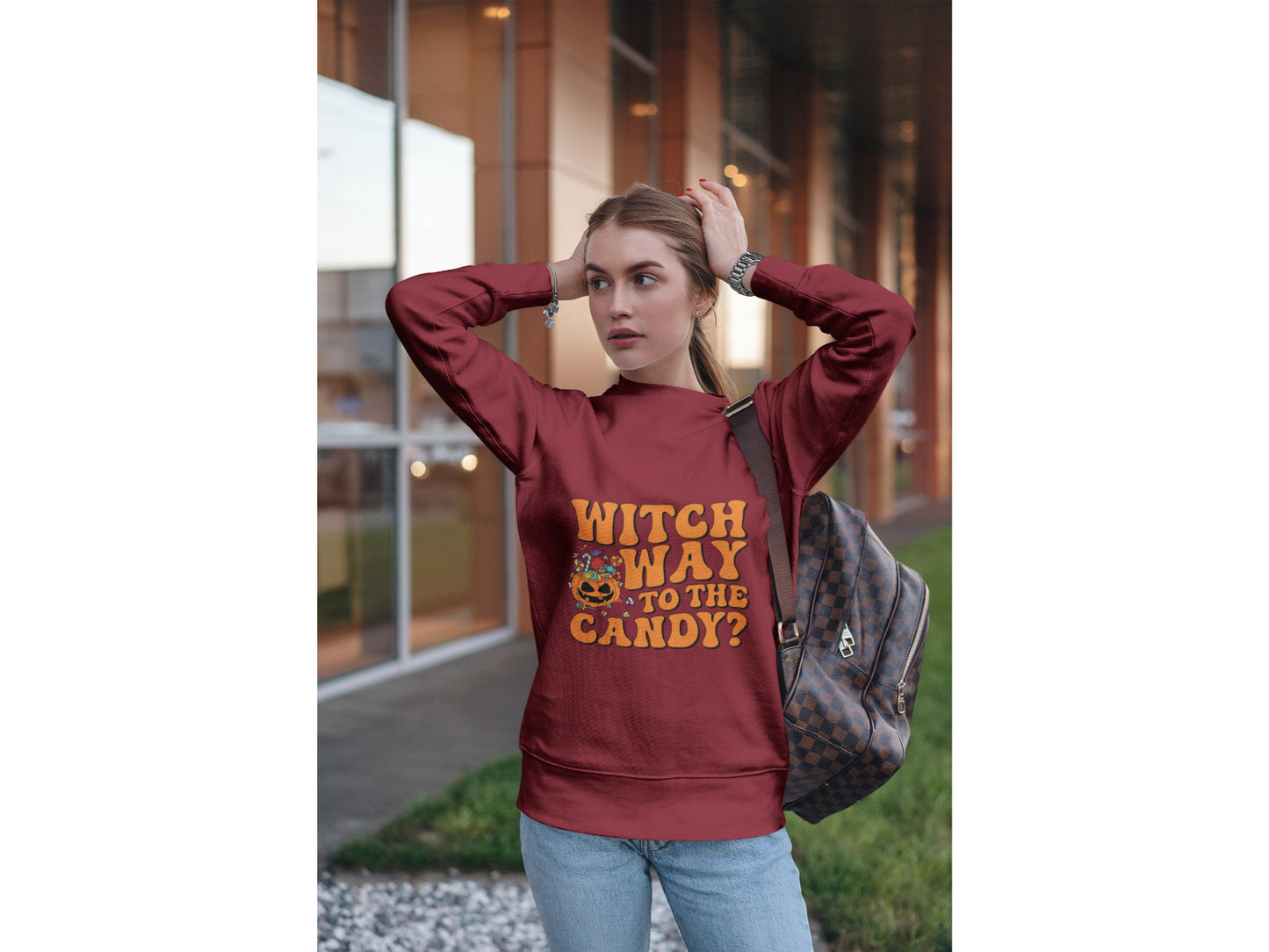 Witch Way to the Candy Halloween Sweatshirt – Bella+Canvas 3501 Unisex Pullover – Spooky Funny Fall Sweater (S–3XL, Multiple Colors)