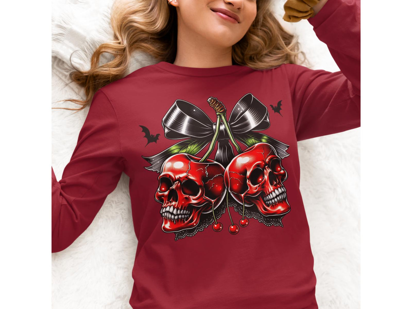 Spooky Cherry Halloween Bow Sweatshirt – Cute & Creepy Fall Vibes