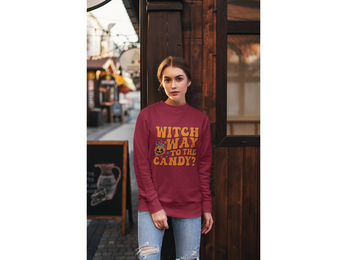 Witch Way to the Candy Halloween Sweatshirt – Bella+Canvas 3501 Unisex Pullover – Spooky Funny Fall Sweater (S–3XL, Multiple Colors)