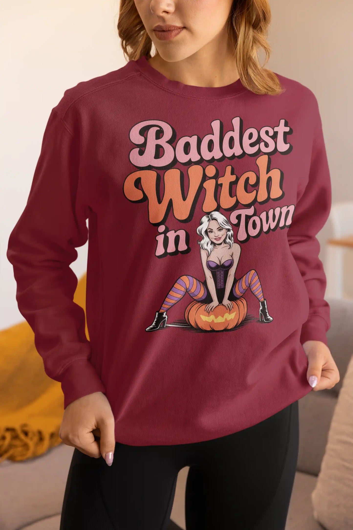 Baddest Witch in Town Retro Halloween Bella+Canvas 3501 Sweatshirt – Spooky Cute Fall Outfit