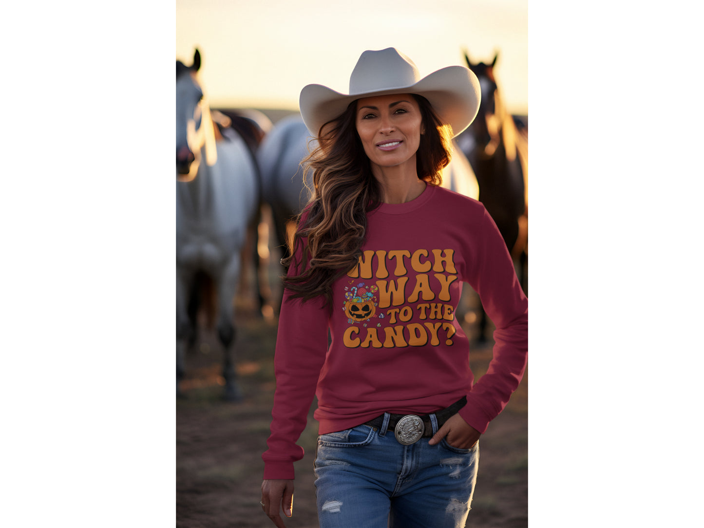 Witch Way to the Candy Halloween Sweatshirt – Bella+Canvas 3501 Unisex Pullover – Spooky Funny Fall Sweater (S–3XL, Multiple Colors)