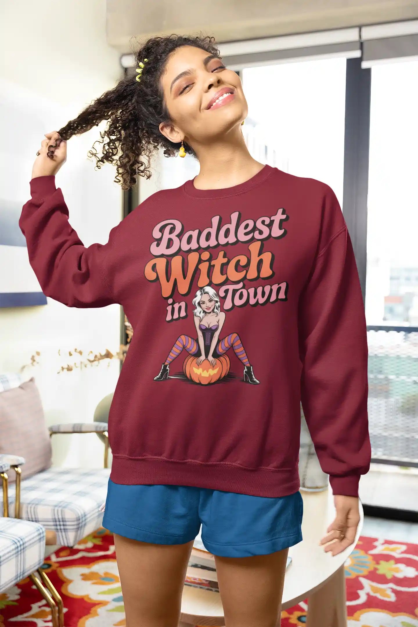 Baddest Witch in Town Retro Halloween Bella+Canvas 3501 Sweatshirt – Spooky Cute Fall Outfit