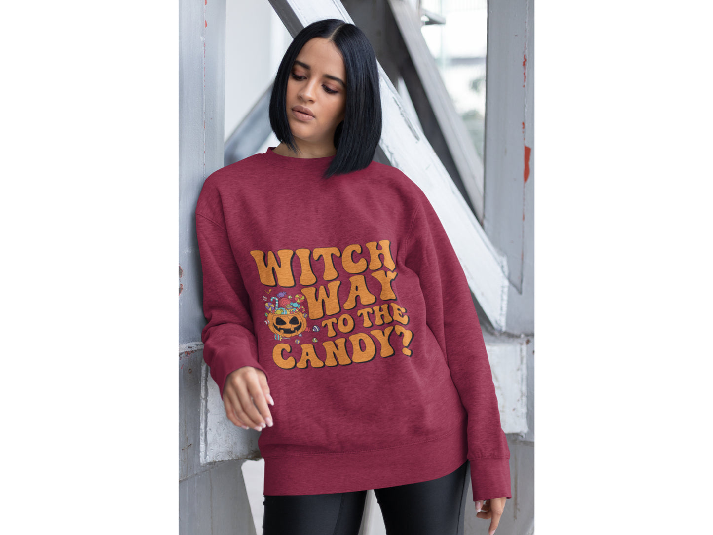 Witch Way to the Candy Halloween Sweatshirt – Bella+Canvas 3501 Unisex Pullover – Spooky Funny Fall Sweater (S–3XL, Multiple Colors)