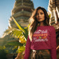 A woman wears a maroon "Hello Fall Goodbye Summer" sweatshirt with autumn leaf graphics.
