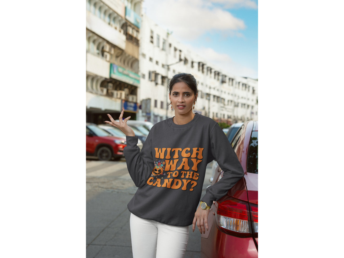 Witch Way to the Candy Halloween Sweatshirt – Bella+Canvas 3501 Unisex Pullover – Spooky Funny Fall Sweater (S–3XL, Multiple Colors)