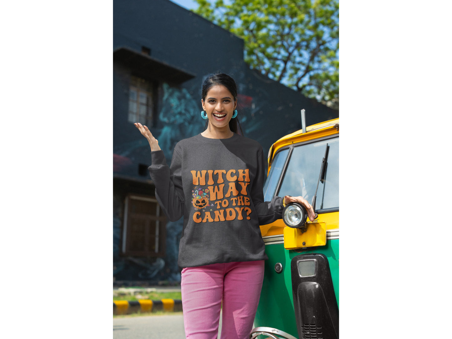 Witch Way to the Candy Halloween Sweatshirt – Bella+Canvas 3501 Unisex Pullover – Spooky Funny Fall Sweater (S–3XL, Multiple Colors)