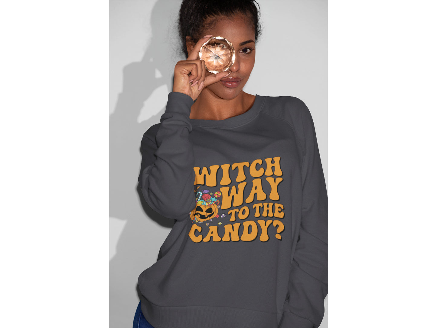 Witch Way to the Candy Halloween Sweatshirt – Bella+Canvas 3501 Unisex Pullover – Spooky Funny Fall Sweater (S–3XL, Multiple Colors)