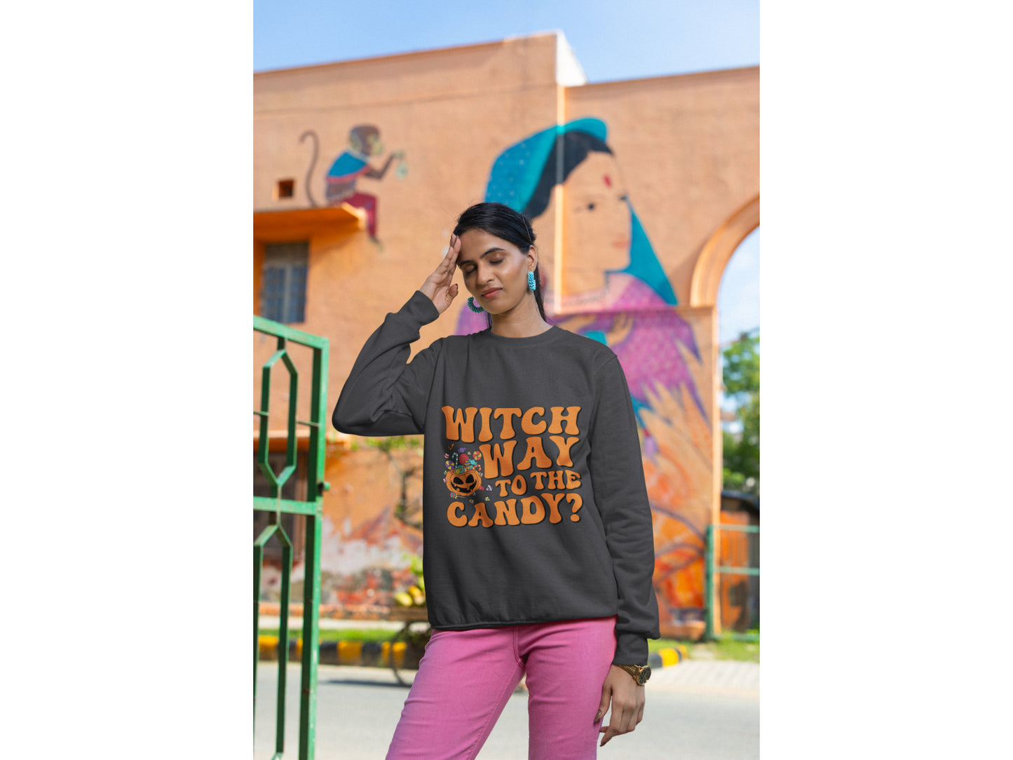 Witch Way to the Candy Halloween Sweatshirt – Bella+Canvas 3501 Unisex Pullover – Spooky Funny Fall Sweater (S–3XL, Multiple Colors)