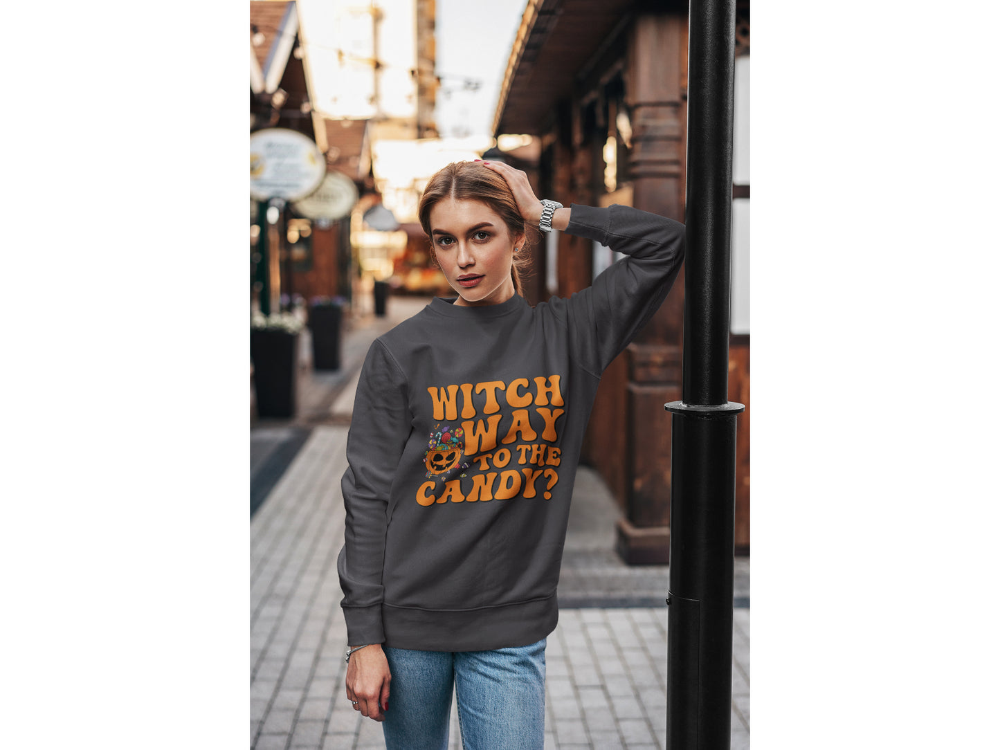 Witch Way to the Candy Halloween Sweatshirt – Bella+Canvas 3501 Unisex Pullover – Spooky Funny Fall Sweater (S–3XL, Multiple Colors)