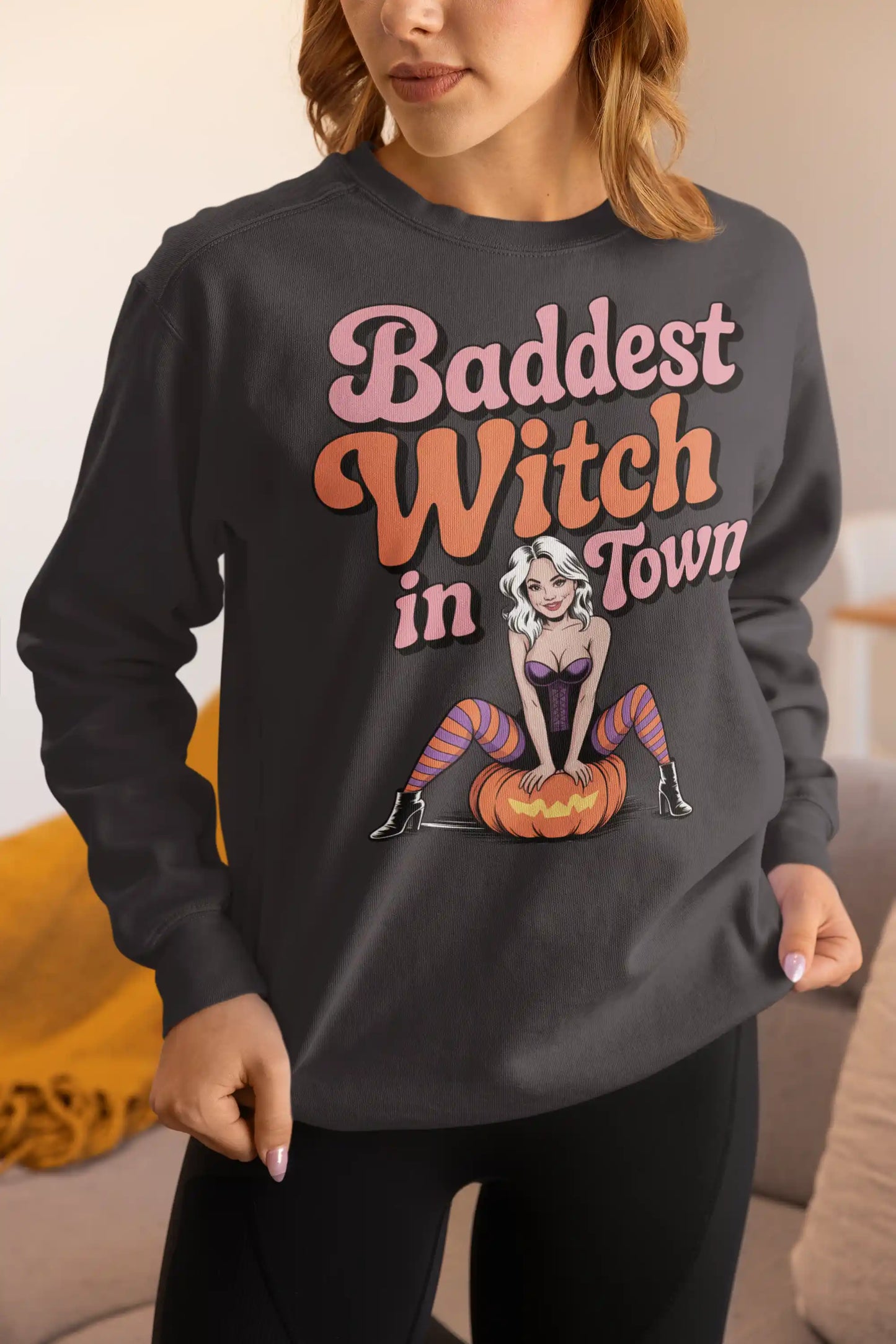Baddest Witch in Town Retro Halloween Bella+Canvas 3501 Sweatshirt – Spooky Cute Fall Outfit