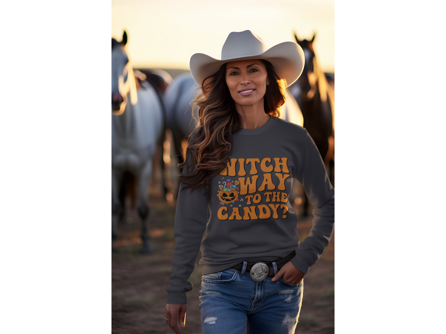 Witch Way to the Candy Halloween Sweatshirt – Bella+Canvas 3501 Unisex Pullover – Spooky Funny Fall Sweater (S–3XL, Multiple Colors)
