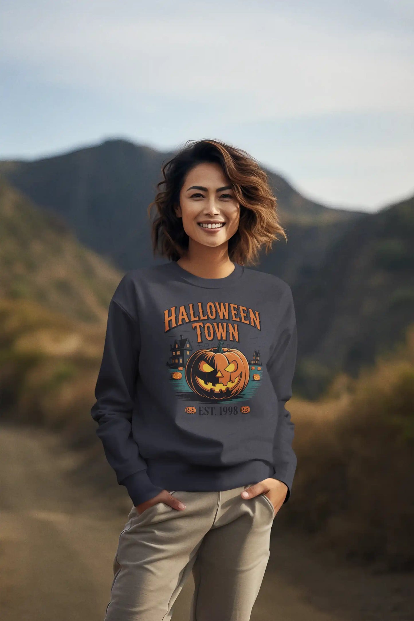 Halloween Town Sweatshirt – Vintage Pumpkin Graphic – Bella Canvas 3501 – Halloween Crewneck – Spooky Season Shirt – Unisex S-3XL