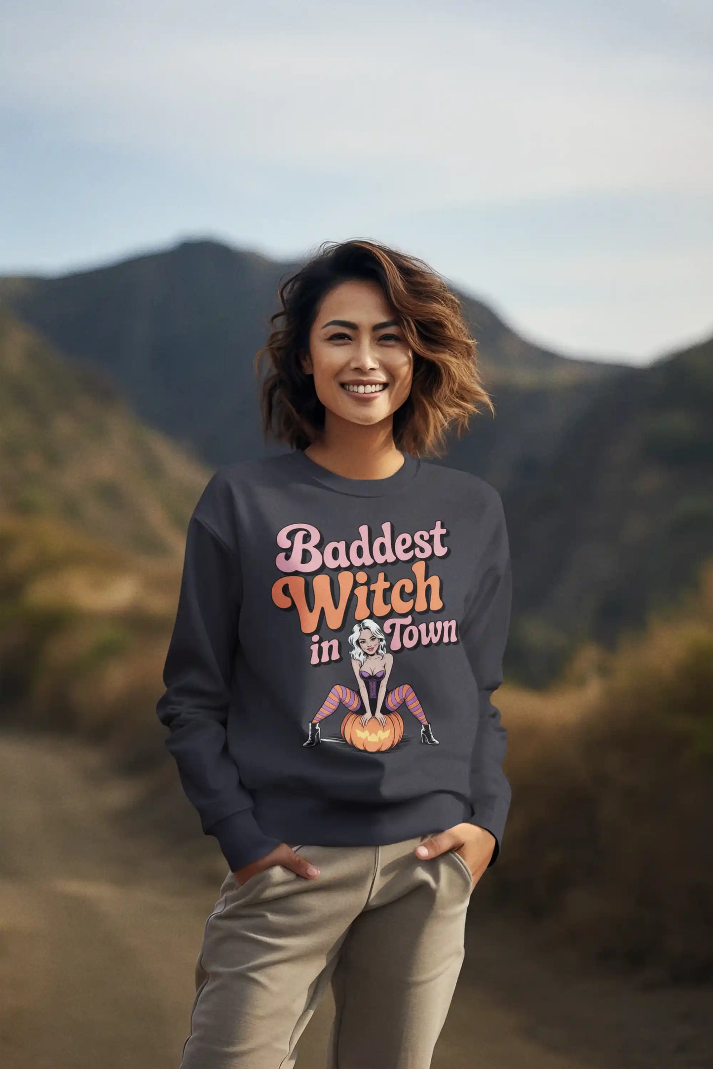 Baddest Witch in Town Retro Halloween Bella+Canvas 3501 Sweatshirt – Spooky Cute Fall Outfit
