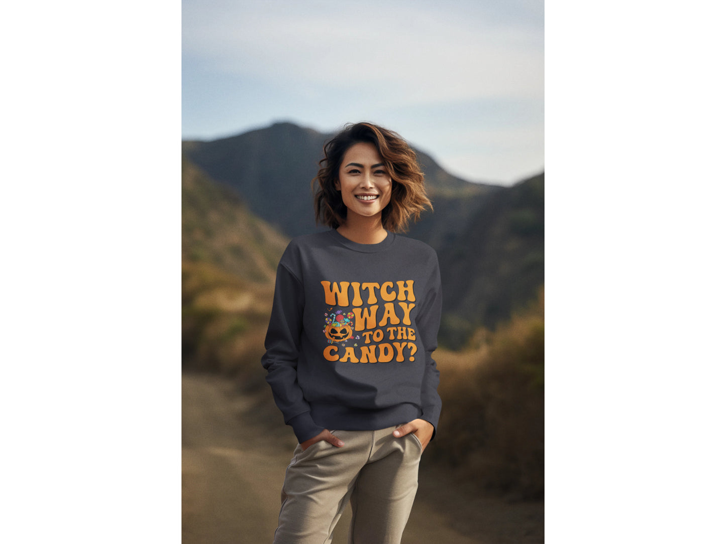 Witch Way to the Candy Halloween Sweatshirt – Bella+Canvas 3501 Unisex Pullover – Spooky Funny Fall Sweater (S–3XL, Multiple Colors)