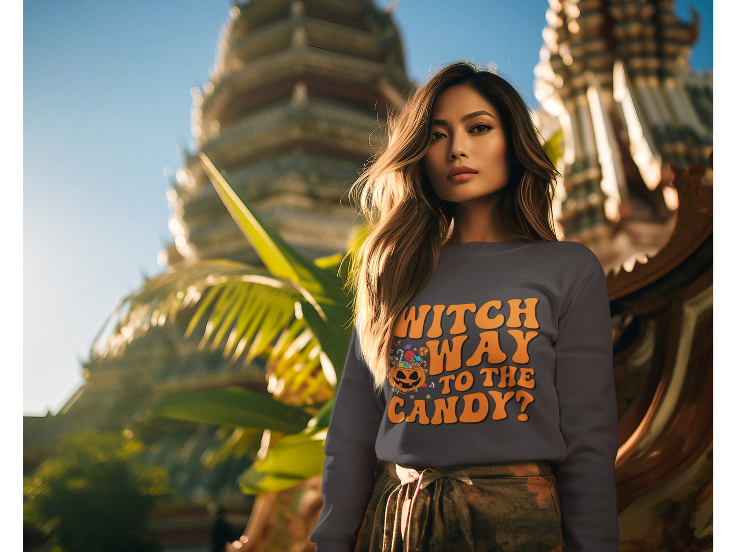 Witch Way to the Candy Halloween Sweatshirt – Bella+Canvas 3501 Unisex Pullover – Spooky Funny Fall Sweater (S–3XL, Multiple Colors)