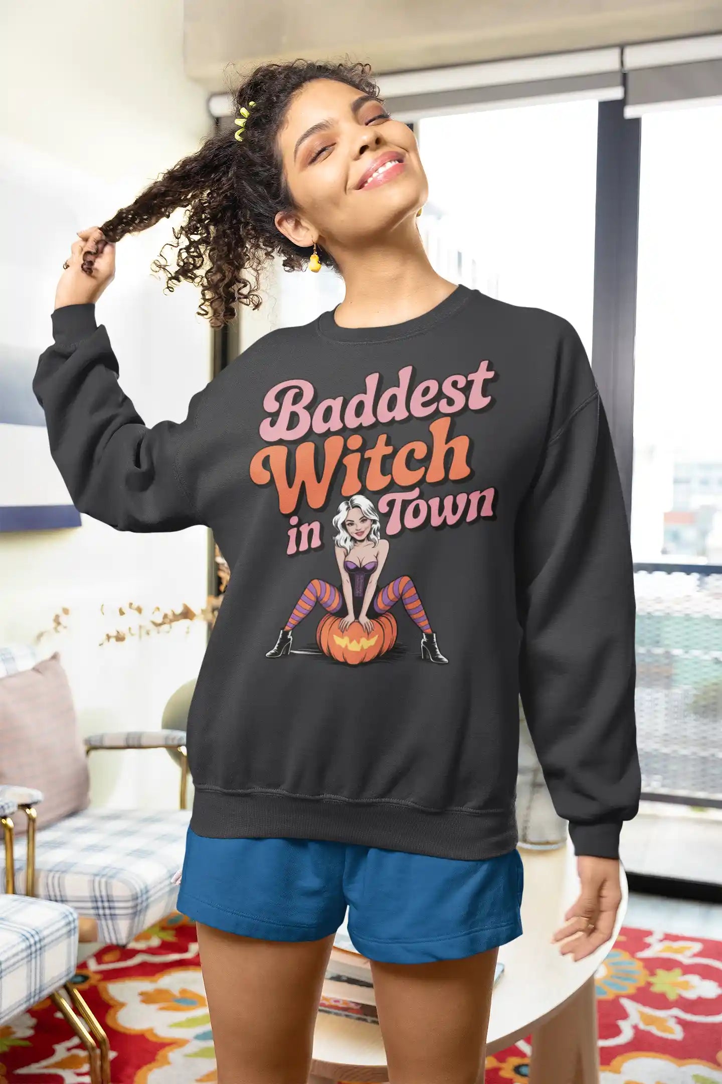 Baddest Witch in Town Retro Halloween Bella+Canvas 3501 Sweatshirt – Spooky Cute Fall Outfit