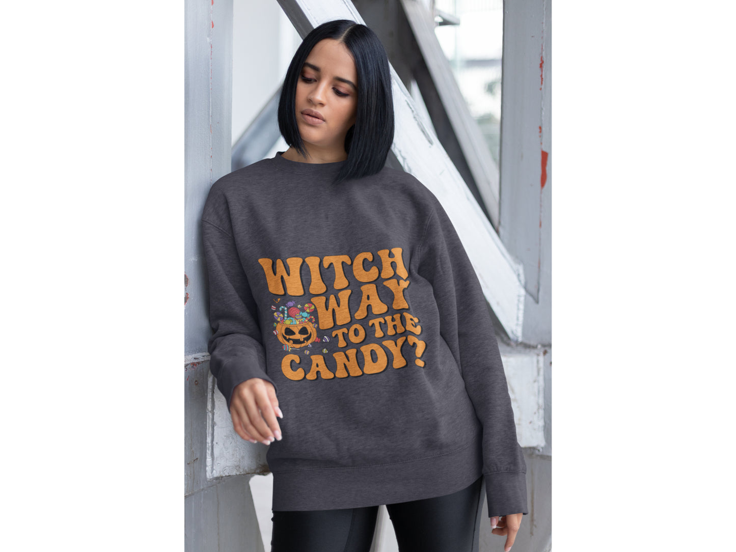 Witch Way to the Candy Halloween Sweatshirt – Bella+Canvas 3501 Unisex Pullover – Spooky Funny Fall Sweater (S–3XL, Multiple Colors)