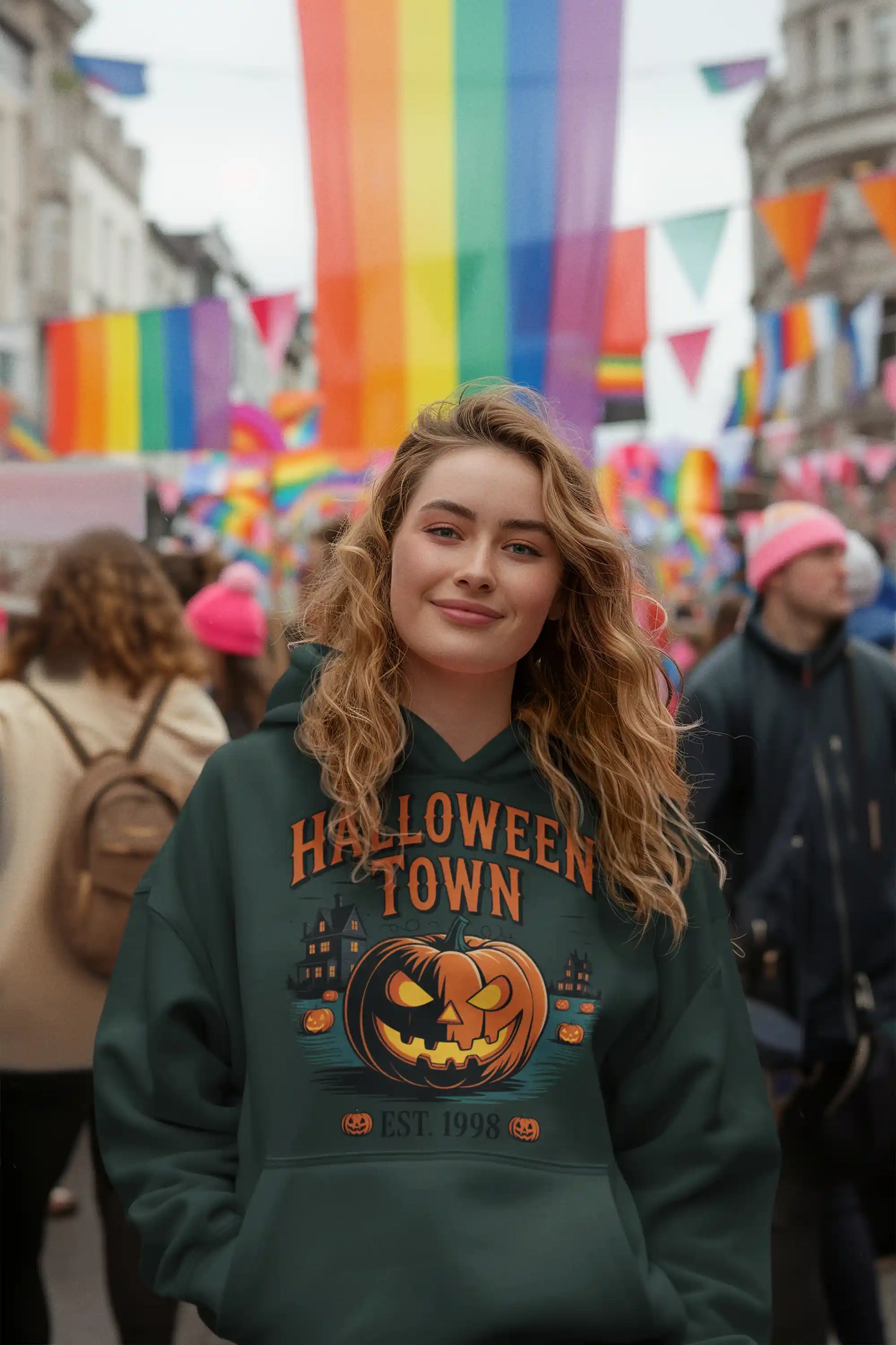 A woman wears a dark green Halloween Town hoodie with a pumpkin graphic.