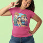 A woman in a pink t-shirt with an anime-style print of four characters.