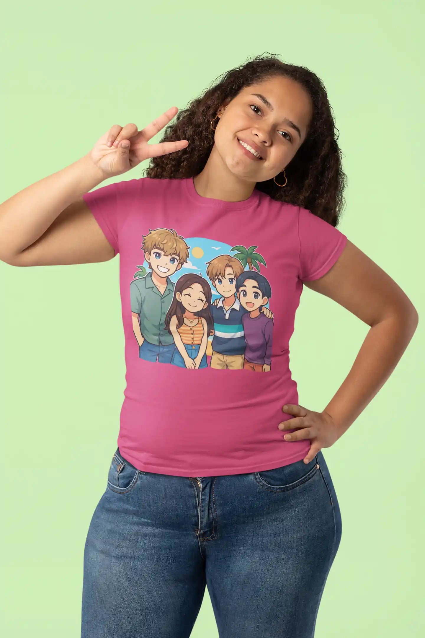 A woman in a pink t-shirt with an anime-style print of four characters.