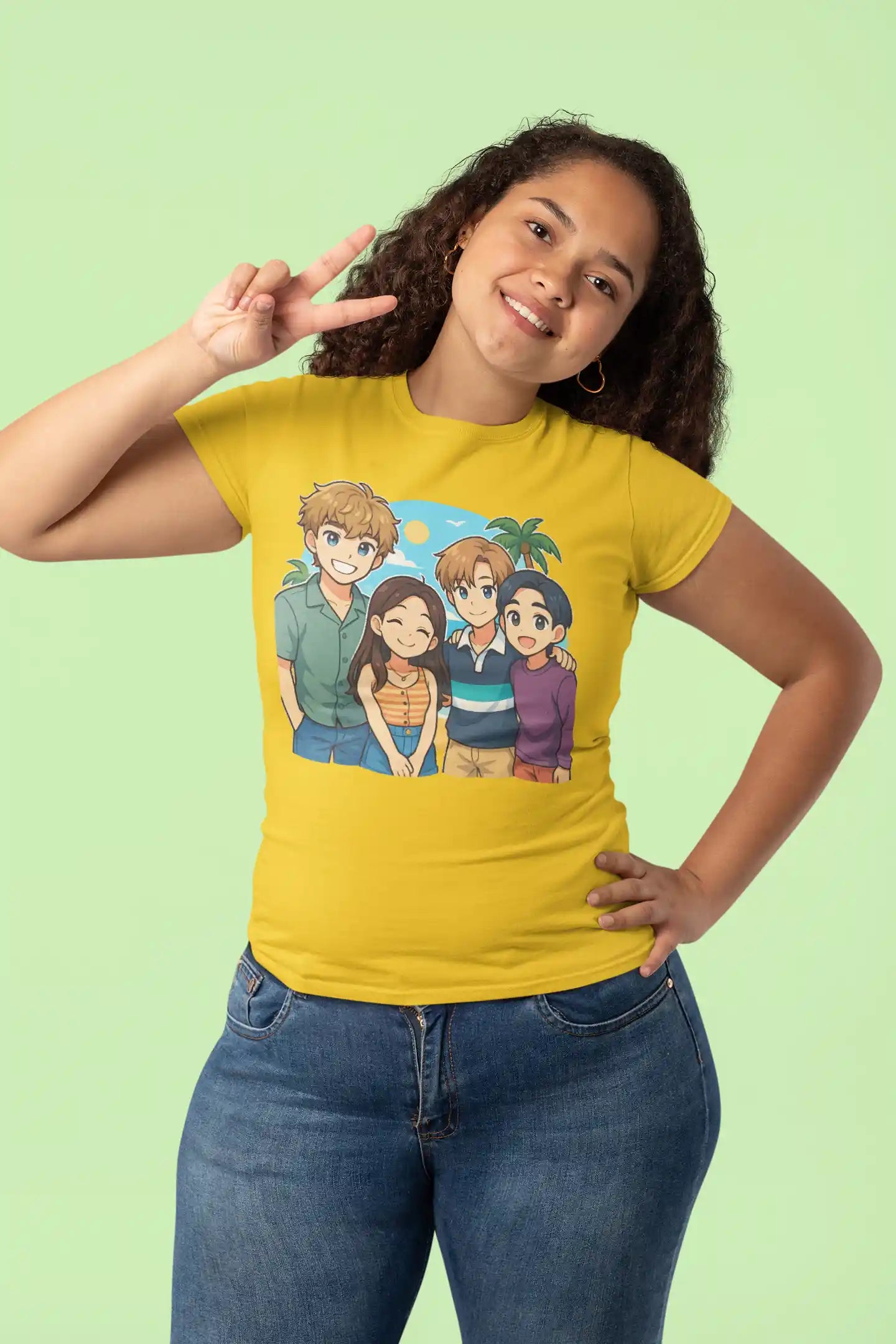 A woman in a yellow t-shirt with an anime design of four friends at the beach.