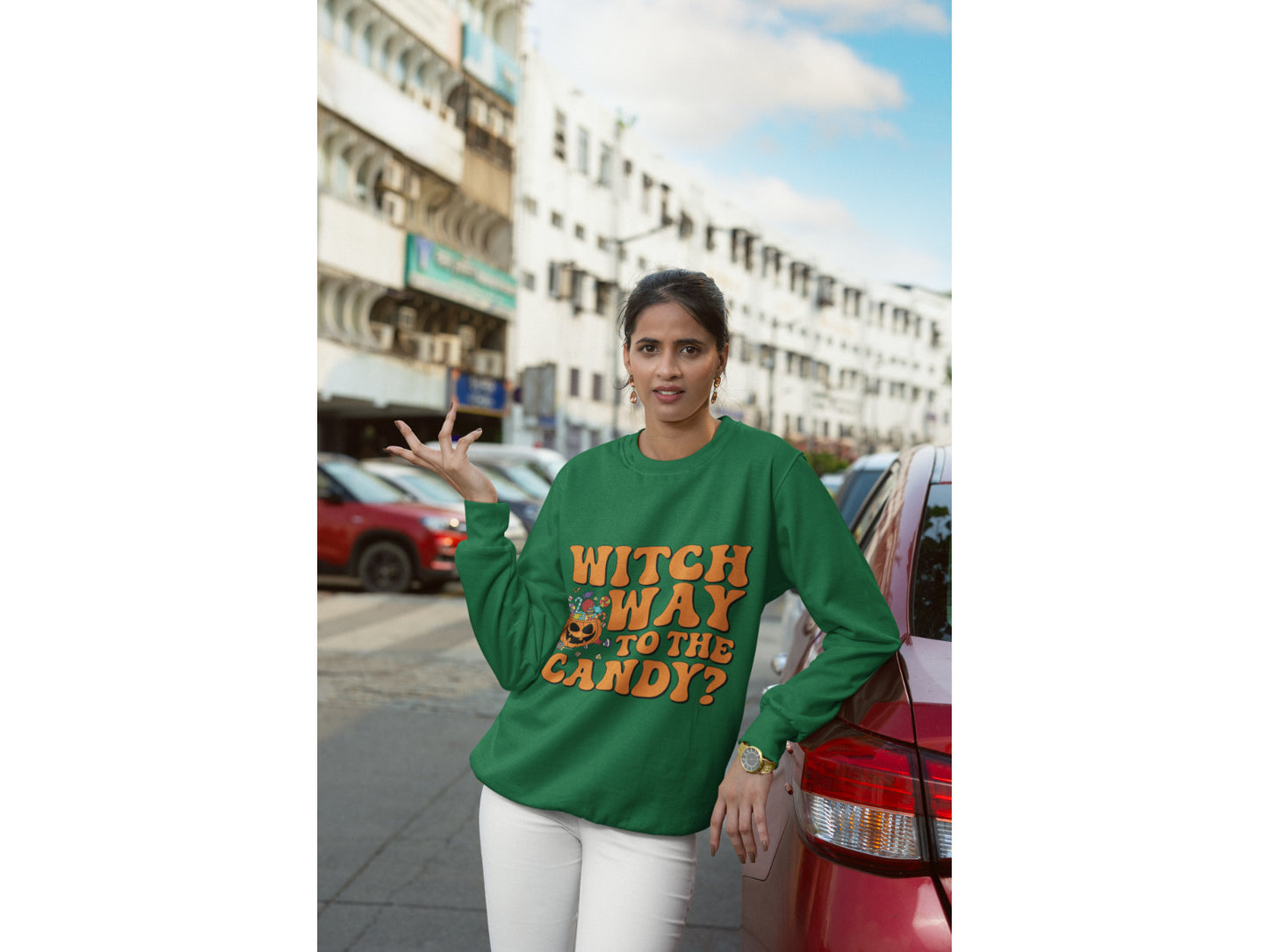 Witch Way to the Candy Halloween Sweatshirt – Bella+Canvas 3501 Unisex Pullover – Spooky Funny Fall Sweater (S–3XL, Multiple Colors)