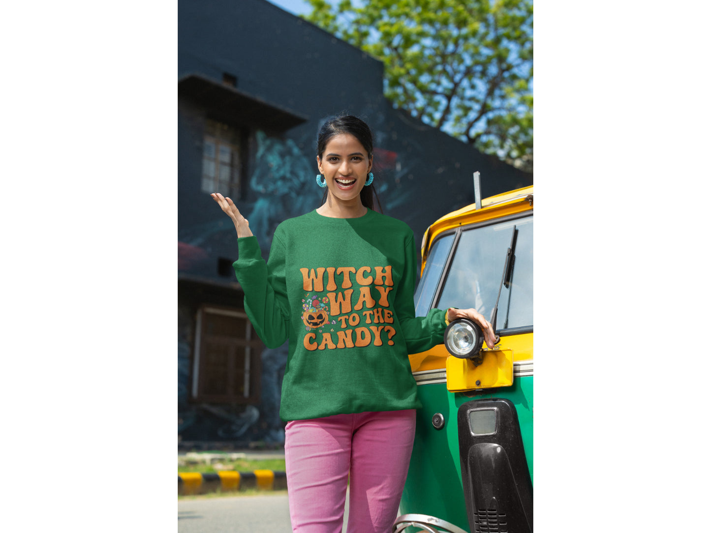 Witch Way to the Candy Halloween Sweatshirt – Bella+Canvas 3501 Unisex Pullover – Spooky Funny Fall Sweater (S–3XL, Multiple Colors)