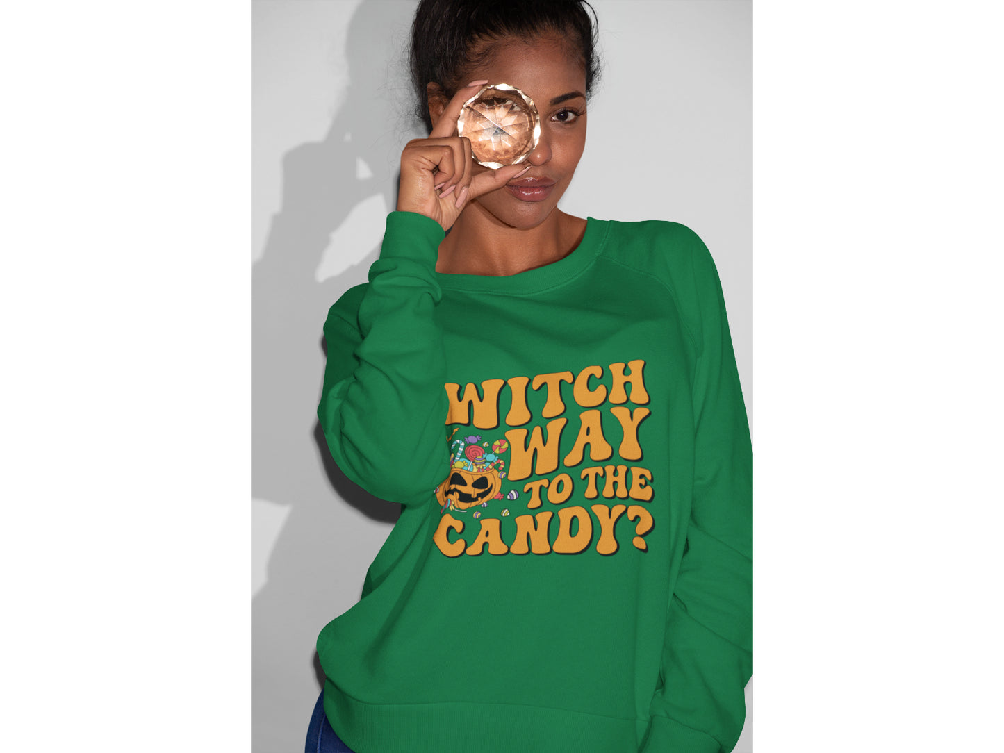 Witch Way to the Candy Halloween Sweatshirt – Bella+Canvas 3501 Unisex Pullover – Spooky Funny Fall Sweater (S–3XL, Multiple Colors)