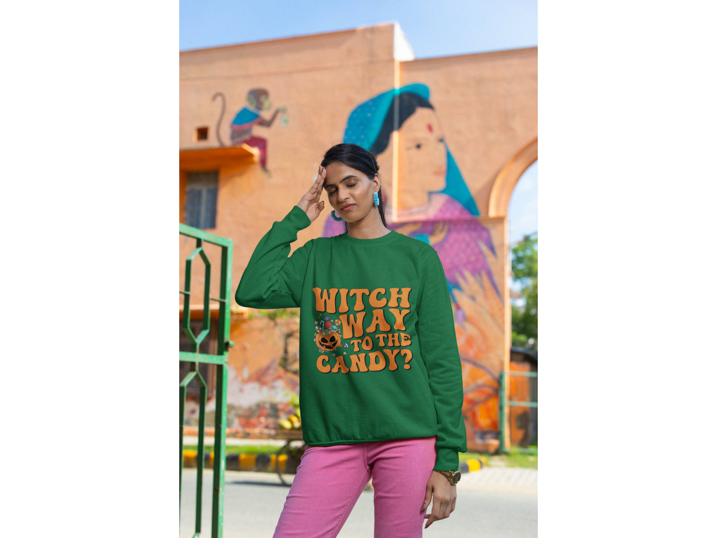 Witch Way to the Candy Halloween Sweatshirt – Bella+Canvas 3501 Unisex Pullover – Spooky Funny Fall Sweater (S–3XL, Multiple Colors)