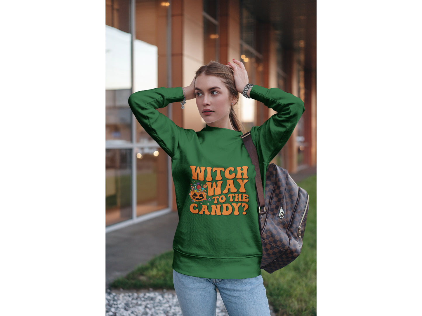 Witch Way to the Candy Halloween Sweatshirt – Bella+Canvas 3501 Unisex Pullover – Spooky Funny Fall Sweater (S–3XL, Multiple Colors)