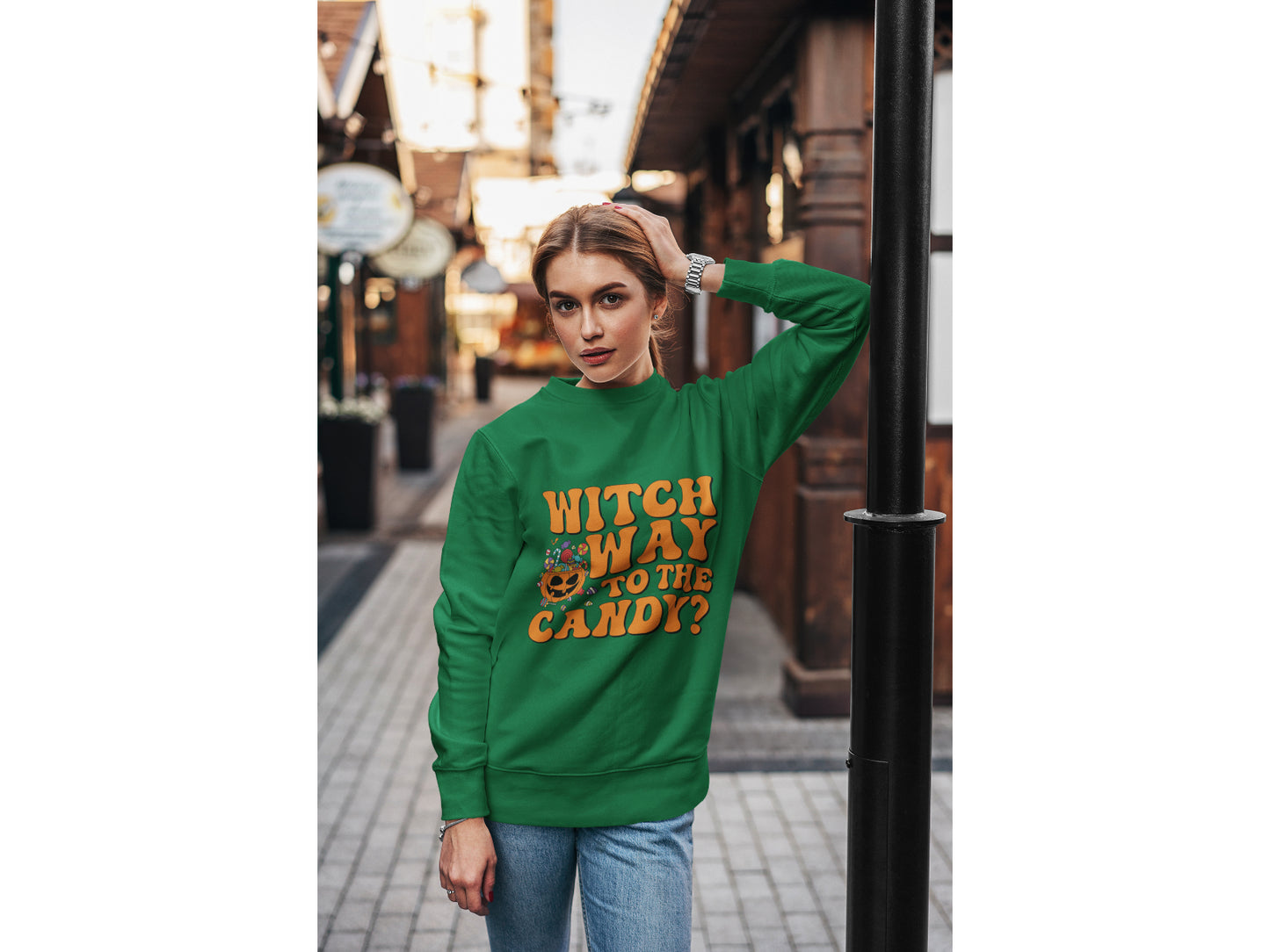 Witch Way to the Candy Halloween Sweatshirt – Bella+Canvas 3501 Unisex Pullover – Spooky Funny Fall Sweater (S–3XL, Multiple Colors)