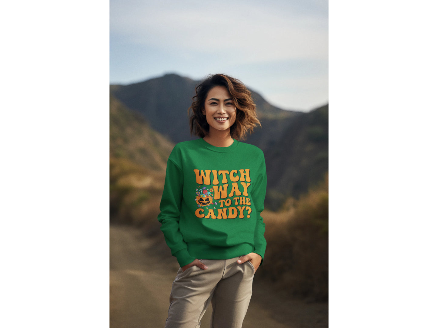 Witch Way to the Candy Halloween Sweatshirt – Bella+Canvas 3501 Unisex Pullover – Spooky Funny Fall Sweater (S–3XL, Multiple Colors)