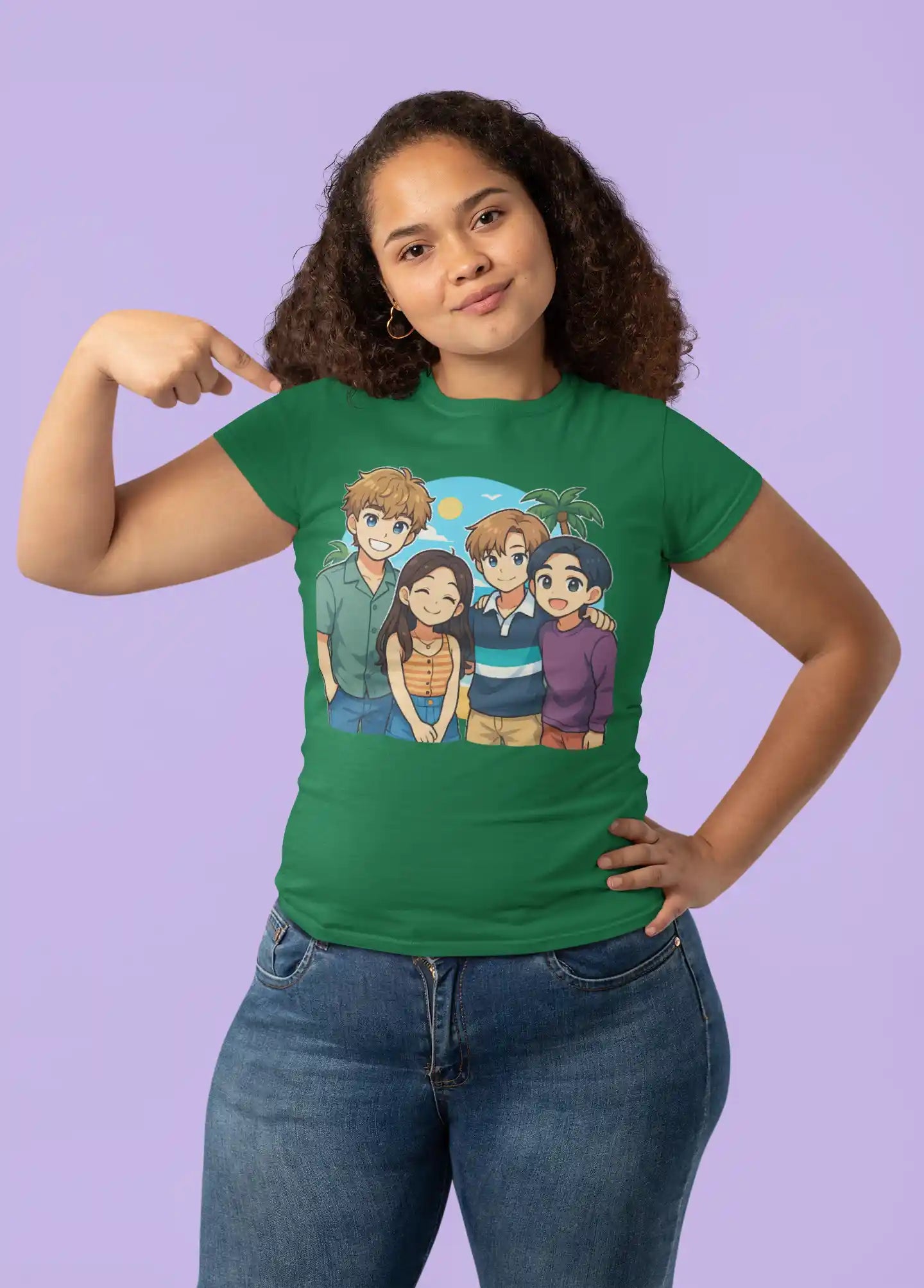 A woman wears a green t-shirt featuring anime characters Belly, Conrad, Jeremiah, and Steven.