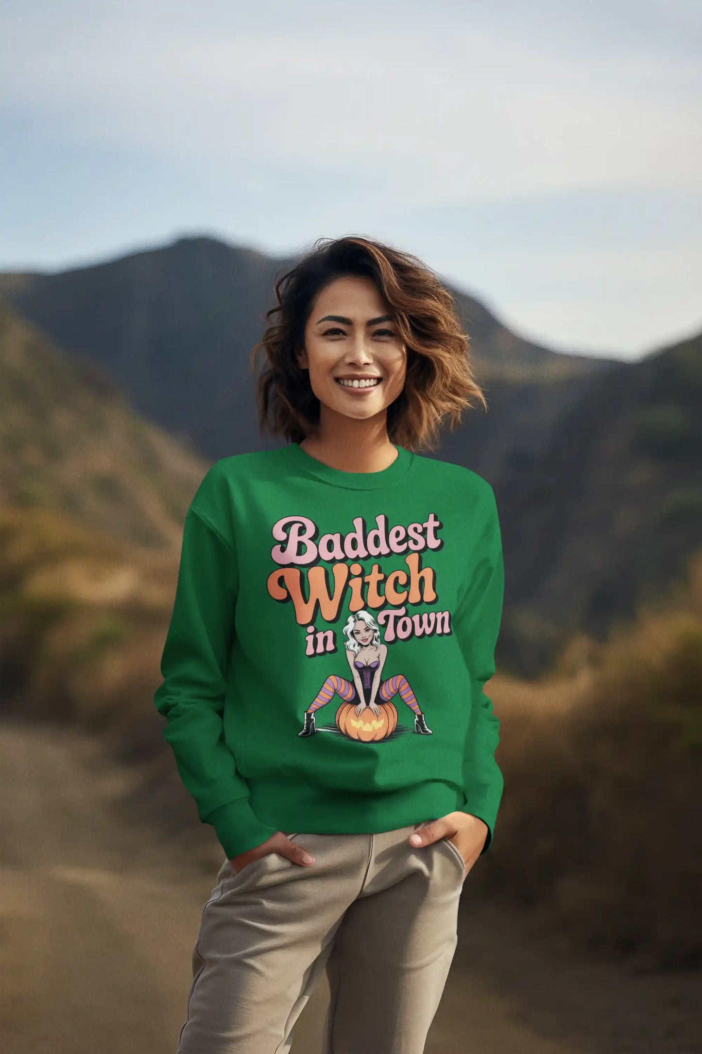 Baddest Witch in Town Retro Halloween Bella+Canvas 3501 Sweatshirt – Spooky Cute Fall Outfit