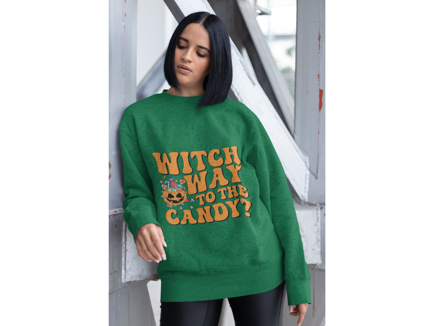 Witch Way to the Candy Halloween Sweatshirt – Bella+Canvas 3501 Unisex Pullover – Spooky Funny Fall Sweater (S–3XL, Multiple Colors)