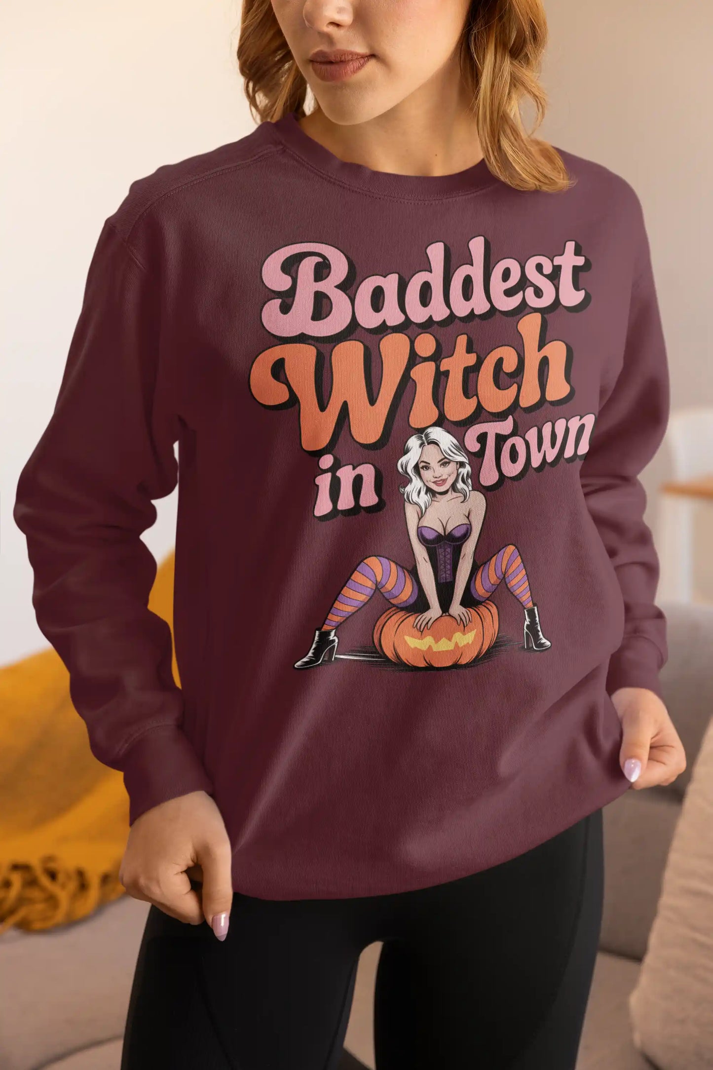 Baddest Witch in Town Retro Halloween Bella+Canvas 3501 Sweatshirt – Spooky Cute Fall Outfit