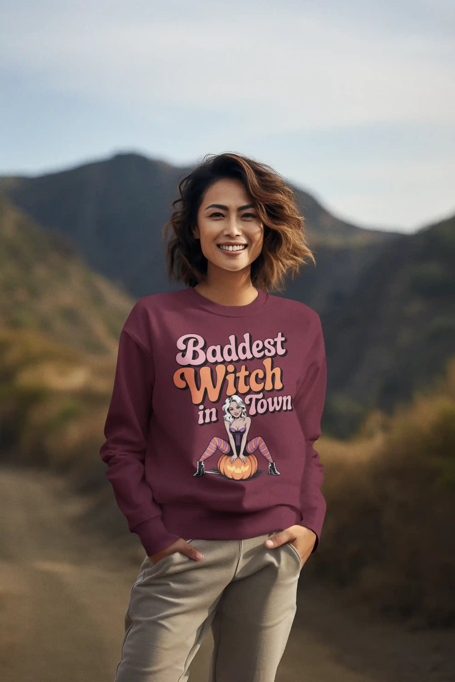 Baddest Witch in Town Retro Halloween Bella+Canvas 3501 Sweatshirt – Spooky Cute Fall Outfit