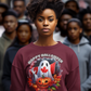 A woman wears a maroon sweatshirt with a "Happy Halloween" ghost and pumpkin design.