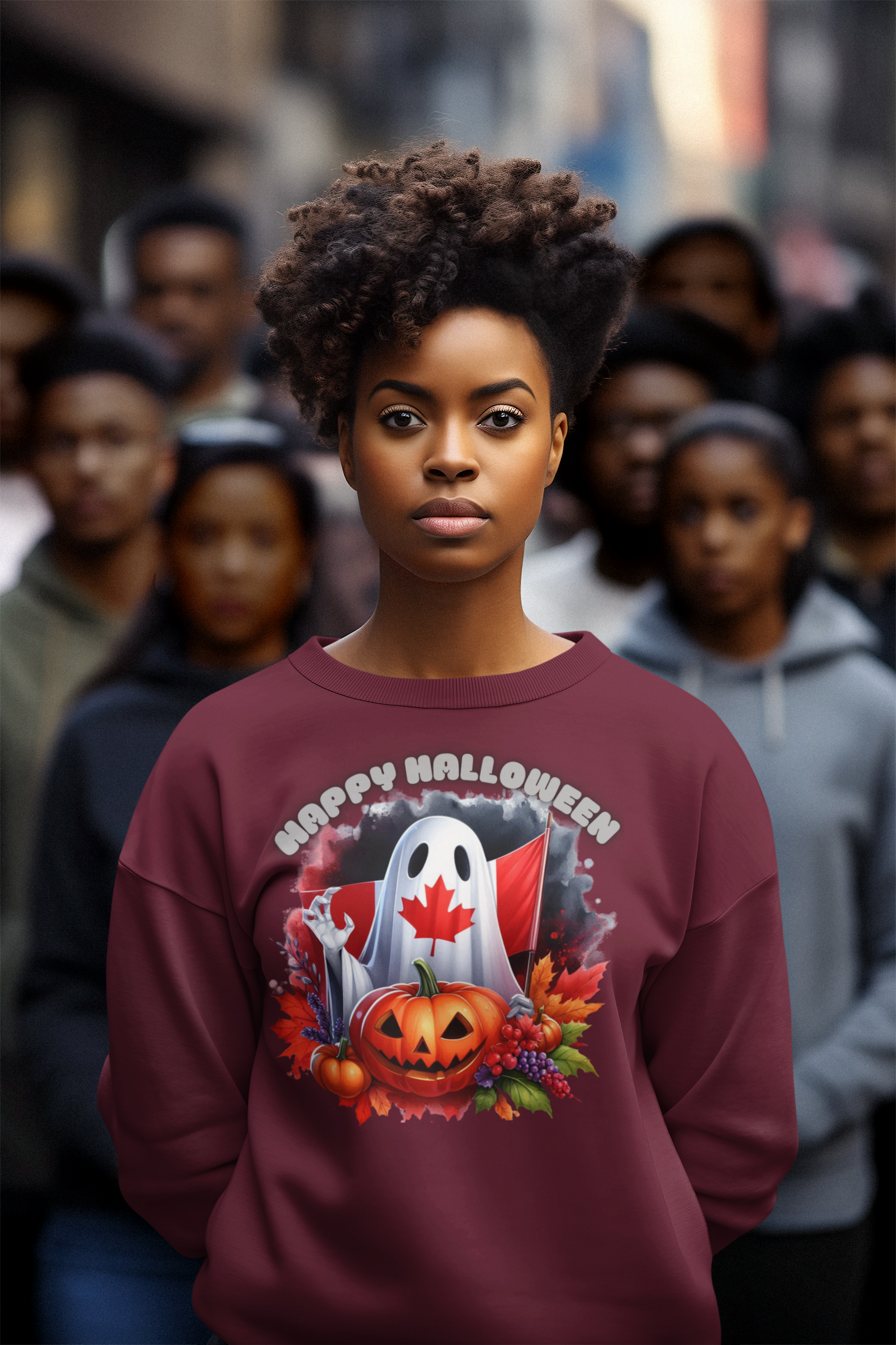 A woman wears a maroon sweatshirt with a "Happy Halloween" ghost and pumpkin design.