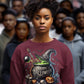 A woman wears a maroon sweatshirt with a "Happy Halloween" witch's cauldron design.