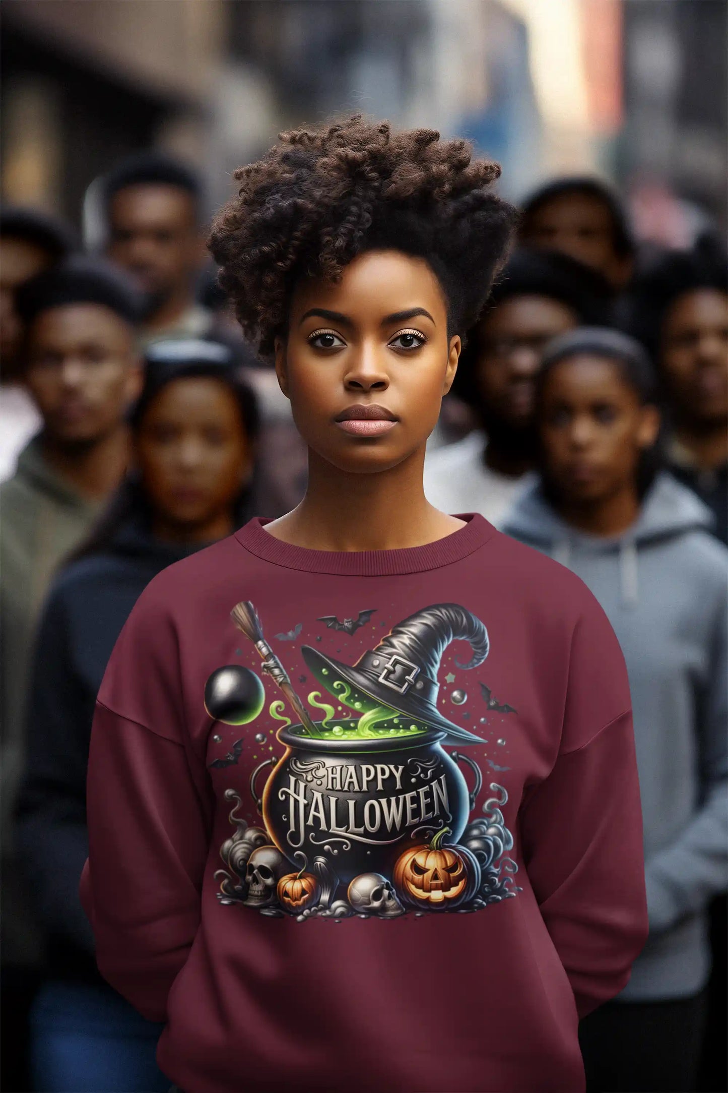 A woman wears a maroon sweatshirt with a "Happy Halloween" witch's cauldron design.
